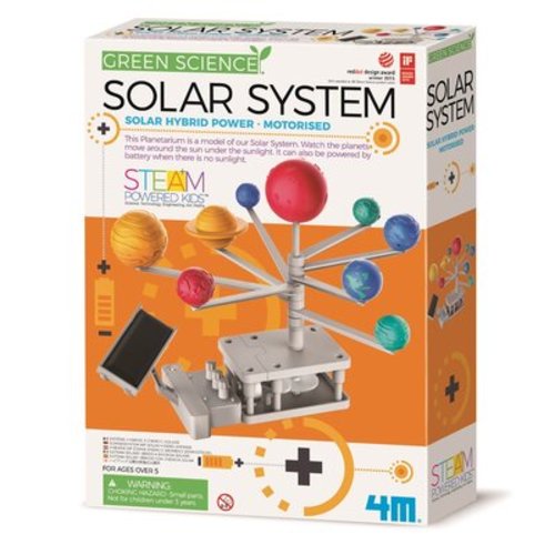 4M - GREEN SCIENCE - SOLAR SYSTEM TOY - This Planetarium is a model of the Solar System. Build up the motor system and the model and play. Watch the planets move around the sun, powered by solar or battery. Learn the names of the planets and their order whilst creating the solar system. A fabulous educational toy to enhance a child?s development in hand-eye coordination, logical thinking skills, creativity, memory retention and building skills. The Green Science Solar System teaches young engineers to use the principles of physics to build their own gadgets that really work. Builds confidence in kids in their newfound knowledge of STEM principles when they show off their creations. Kids feel a real sense of achievement after building it and seeing it work. They will learn valuable lessons about space and our solar system in a fun, interactive activity.  Most kids are fascinated by space! Often space & our solar system is an intense interest area for kids and studies have shown that this is particularly beneficial for cognitive development and gives kids a big confidence boost. Age: 5 years+