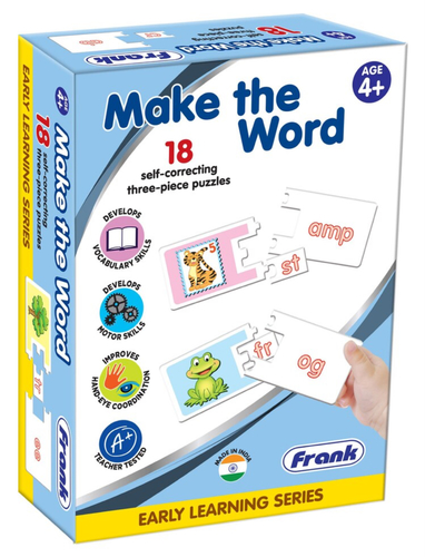 Frank Make the Word Early Learning Puzzle - Contains 18 sets of 3-piece puzzlesSuitable for children of ages 4 years and aboveThe pieces are self-correcting, meaning that only the correct pieces will fit with each otherDevelops vocabulary and logical thinking, as well as hand-eye coordination and fine motor skillsMade using good quality materials and non-toxic inksPerfect for gifting