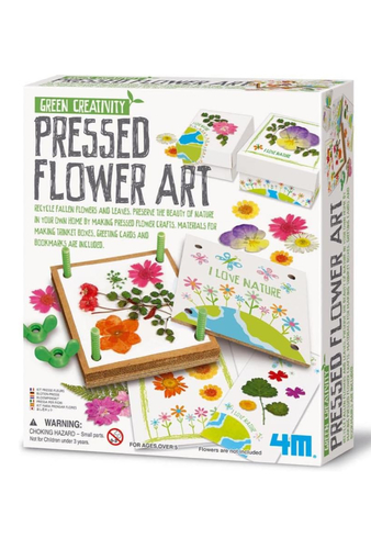 Toy Factory - Green Creativity Pressed Flower Art - With this Pressed Flower Art set, turn your favourite flowers from your garden into beautiful works of art! Preserve the beauty of nature for a little longer thanks to pressed flower crafts. 
 Collect flowers and leaves from your garden. Press them and turn them into pieces of art, including a trinket box, greetings cards and bookmarks. 
 The set includes a flower press cover and base, corrugated cardboard, white blotting papers, plastic screws and nuts, trinket boxes, cards, envelopes, bookmarks, a ribbon, glue, a brush, double-sided adhesive tape and instructions.