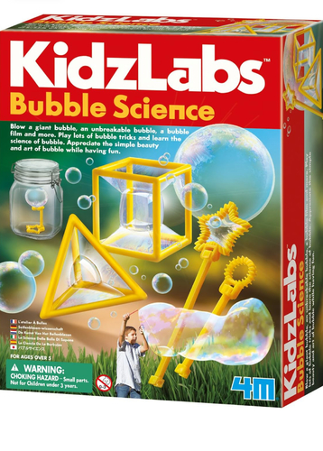 Kidzlabs - bubble science - The experiments in this kit include creating an unbreakable bubble, a giant bubble, a bubble film, and more. This kit includes a variety of bubble-making frames to experiment with different bubble sizes and shapes. Includes recipes to make your own high-quality bubble mixture. Detailed instructions for use and care are included. Recommended for ages 5 years and up.