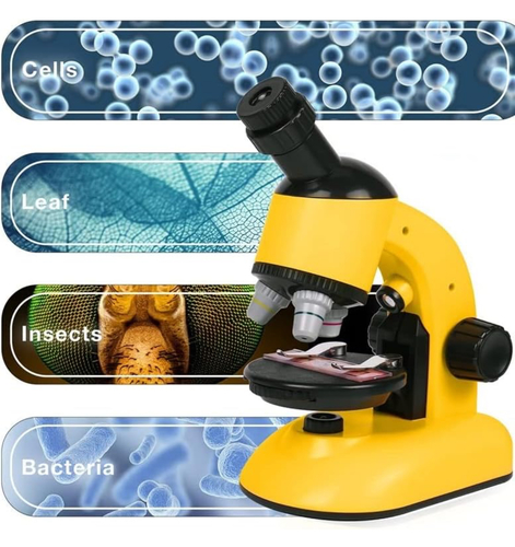 STEM Scientific Microscope Kit - Our microscope kit is designed for kids and students to understand science and nature by allowing them to peek into the microscopic world and to inspire curiosity, encourage discovery, empower imagination, and allow creativity! 
 Product Specifications:
    Magnification: 40x, 100x, 640x
    Lighting: LED lamps
    Battery power: 2 AA batteries (not included)

Product content:
    1 x microscope
    3 x collection bottles
    1 x petri dish
    4 x tools
    1 x Permanent Specimen.
    5 x Transparent Slides.
    1 x container
    1 x phone holder