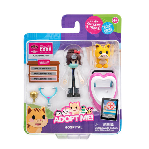 Adopt Me Friends Figure - The ultimate pet adoption game. The Adopt Me. pets and characters come straight from fan-favorite Roblox online game Adopt Me. Each set comes with a pet a friend some playset pieces and accessories and an exclusive virtual code to redeem in-game. Play Collect and Trade. There is also a scratch-and-reveal Task Board just like in the game. Checkout and shop other Adopt Me collection for more fun and excitement.