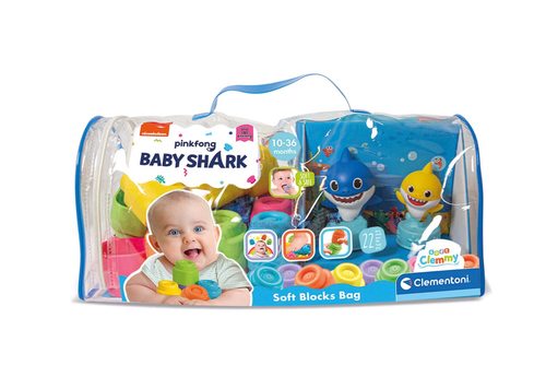 Clementoni - Baby Shark Bag - A handy bag with Clemmy blocks to take everywhere, to build and play in the company of the fun Baby Shark characters The backpack contains 20 squishy blocks, plus 2 Baby Shark characters, to create many scenarios and invent stories with the characters most loved by little ones A game to develop manual skill and imagination Brand: Clementoni