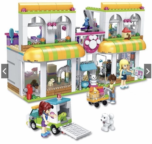 BLX- Girl Pet blocks (550 Pcs) - Build a 2-level pet center with pet shop, vet clinic and grooming parlor, plus and grooming van. Size: 52 * 7 * 31CM.