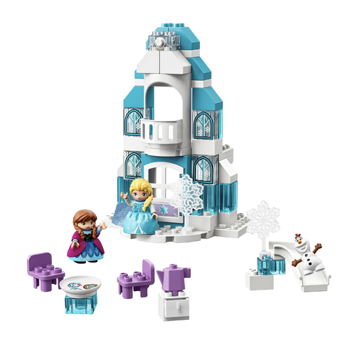 LEGO DUPLO Disney Princess Frozen Ice Castle - Includes 3 LEGO DUPLO figures: Anna, Elsa and Olaf This Disney Frozen castle toy features a slide, table, chairs and kitchen equipment A special button-operated light brick provides multicolored illumination for the castle Help your child master basic construction skills and improve their fine motor abilities as the building bricks are assembled and re-positioned for endless imaginative play This buildable toys for toddlers is designed to encourage role-play and storytelling to help your child develop language, social and emotional skills The Disney Frozen Ice Castle measures over 11