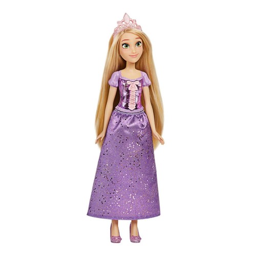 Disney Princess Royal Shimmer Rapunzel - The Royal Shimmer Rapunzel doll includes a skirt, shoes, and tiara in shades of her signature color purple, LONG BLONDE HAIR: The Disney Princess fashion doll has long blonde hair, inspired by her free-spirited character's magical locks in Disney's Tangled, SPARKLY SKIRT AND BODICE: The Disney doll’s bodice gleams with gem-inspired facets that shimmer beautifully alongside her glittering skirt. size: 30 cm TOY FOR KIDS 3 YEARS OLD AND UP.