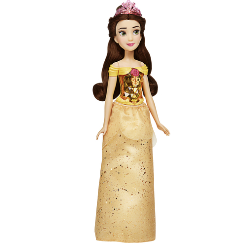 Disney Princess Royal Shimmer Belle - Disney Princess Royal Shimmer Belle Doll, Fashion Doll with Skirt and Accessories, Toy for Kids Ages 3 and Up 
 FASHION DOLL SKIRT AND ACCESSORIES: The Royal Shimmer Belle doll includes a skirt, shoes, and tiara in shades of her signature yellow color 
 LONG BROWN HAIR: The Disney Princess fashion doll has long brown hair, inspired by her unforgettable look in Disney's Beauty and the Beast movie 
 SPARKLY SKIRT AND BODICE: The Disney doll’s bodice gleams with a gem-inspired faceted bodice that shimmers beautifully alongside her glittering skirt. 
 DISNEY DOLL COLLECTION: Collect Royal Shimmer Ariel, Aurora, Cinderella, Jasmine, Merida, Moana, Mulan, Pocahontas, Rapunzel, Snow White, and Tiana. Each sold separately. Subject to availability 
 TOY FOR KIDS 3 YEARS OLD AND UP: This Disney toy makes a great birthday present or holiday gift for girls