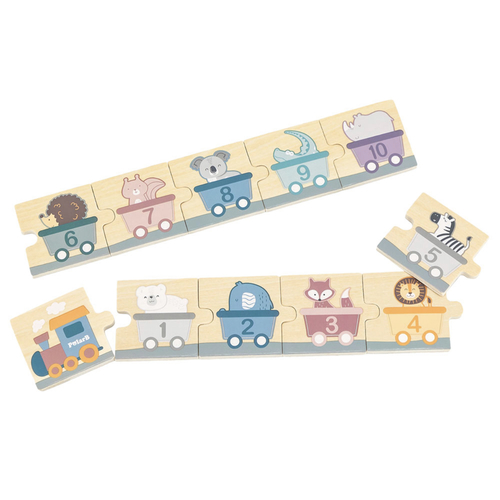 PolarB Wooden Number Puzzles - This puzzle consists of 20 colored pieces - 10 with numbers and 10 with different animals in different sized groups. On the back are train carriages with animals and numbers for you to put in order.  The way for your child to play is to correctly connect the puzzle pieces so that the number and matches with the group of animals in the same size. Or make a train of cars with descending or ascending numbers - practice counting up and down!  This puzzle will help your child learn a wide range of skills such as ​​numbers, the concept of quantity or size, develops mathematical abilities such as counting and logical thinking and hand-eye coordination.  PolarB wooden toys are made with the best quality wood and are designed in a lovely soft and gentle colour palette.  Age : 18 months +  All Viga Toys are made of non-toxic paints and inks fully compliant with (or over) the latest EN71, ASTM, ST & GB6675 toy safety standards.