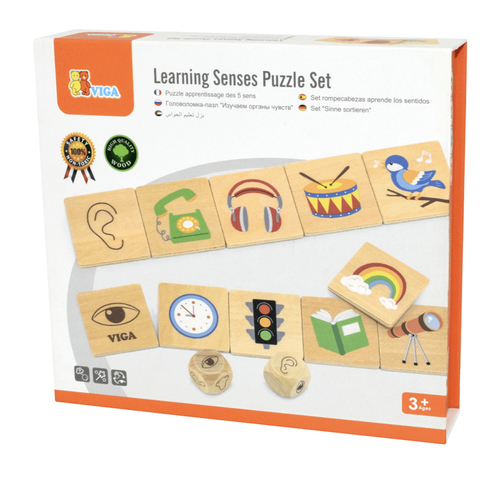 LEARNING SENSES PUZZLE SET By VIGA - What a fun way to learn about the five senses - feel, smell, touch, hear and taste.  With tiles to place in their correct groups, this wooden puzzle set will also help cognitive function along with language and critical thinking skills, as well as developing a knowledge of the world we all live in.  It is packaged in a handy box that is perfect for storage between play times.  This set includes 35 wooden tiles that can be grouped into 7 of each of the 5 senses.  Age : 3 years +  Size of box : 20.5cm x 19cm x 4.5cm  All Viga Toys are made of non-toxic paints and inks fully compliant with (or over) the latest EN71, ASTM, ST & GB6675 toy safety standards.