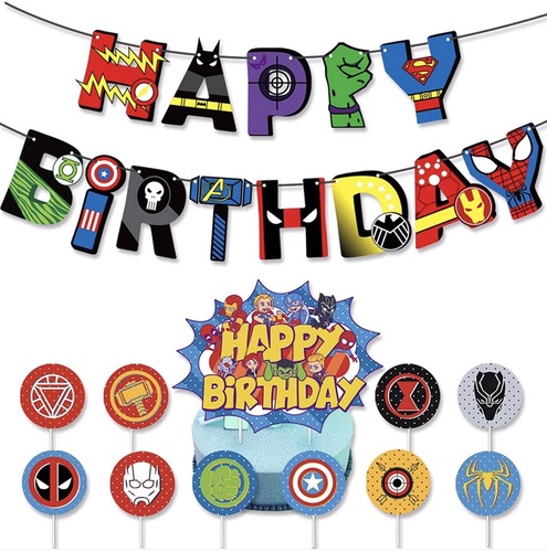 Superhero Birthday Theme - Includes: 
Superhero happy birthday banner*1;Cake Topper*1 Cupcake Toppers*10