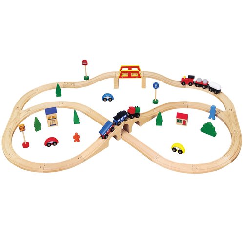 Viga - Wooden Train Set - Description:Wooden train set complete with interlocking track, bridge, houses, bushes, trees, cars, traffic signs and 2 play figures. The track is made out of beechwood Encourages the creativity and hand-eye co-ordination skills of children Designed for anyone aged 3 and up, this educational toy can be enjoyed by every child in the family  Measurements: 41,5 x 28,5 x 7,5 centimeter  Viga Toys stands for quality and educational toys.  All products comply with the strictest safety requirements conform the EN-71 standard.  Imported from UK.