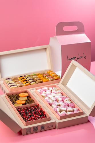 jamaeatana 1 - Three sweet ruby ​​marshmallow boxes, 400 grams box, mini pastry box, 32 pieces, and mix grape leaves box, 42 pieces.