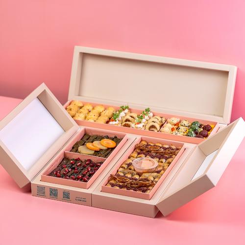 jamaeatana 1 - Offer of three boxes, musakhan box, 32 pieces, mix box, grape leaves, 42 pieces, and a box of small pieces of snacks prepared in the French style.  Box 42 pieces