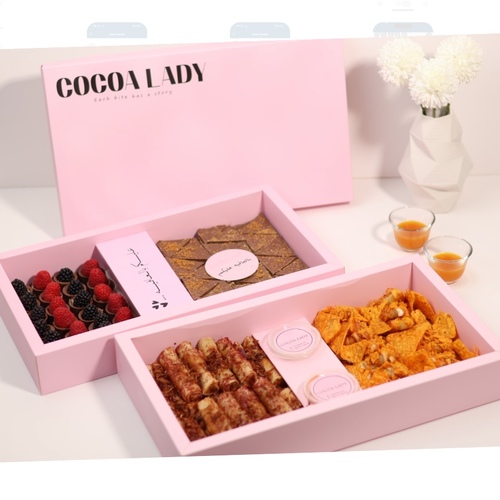salted caramel box with raspberry chocolate + musakhan with samposa