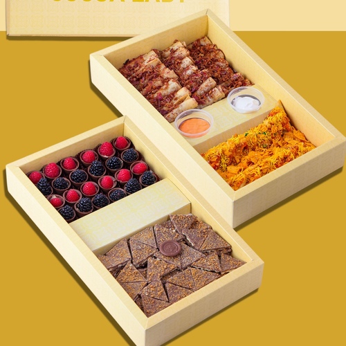 salted caramel box with raspberry chocolate + musakhan with samposa