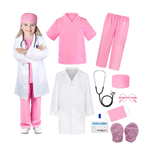 Doctor Baby Girl Pink - Outfit includes Head cover Mask Stethoscope (to hear the child's heartbeat) Glasses Identity card White cap Shirt Pants Canvas shoe