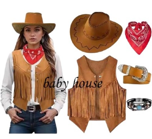 Western Cow Girl Adult - Includes
&nbsp;Hat
Scarf
Vest
Belt
wristbands