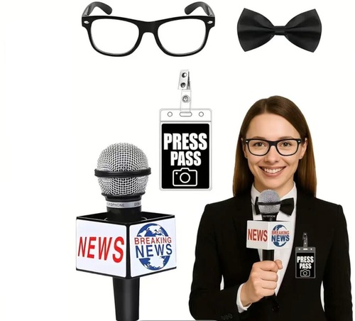 Journalist - includes&nbsp;
glasses
tie
identity card
loudspeaker