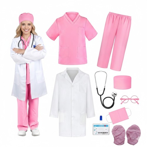 Doctor Pink - Outfit includes Head cover Mask Stethoscope (to hear the child's heartbeat) Glasses Identity card White cap Shirt Pants Canvas shoe