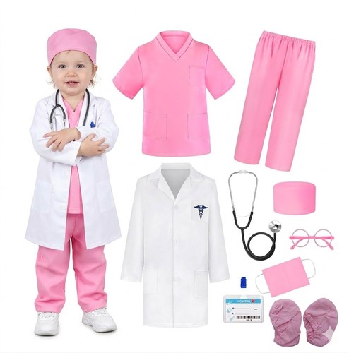 Doctor Baby Girl Pink - Outfit includes Head cover Mask Stethoscope (to hear the child's heartbeat) Glasses Identity card White cap Shirt Pants Canvas shoe