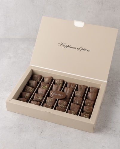 Qamardeen - Slices of fresh apricot qamardeen coted with premium chocolate and pistachios