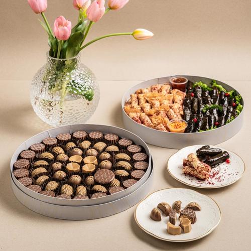 2 box offer - Luxury chocolate: pecan vanilla crunch - praline - mocha 

Chef-style musakhan, grape leaves, pomegranate molasses