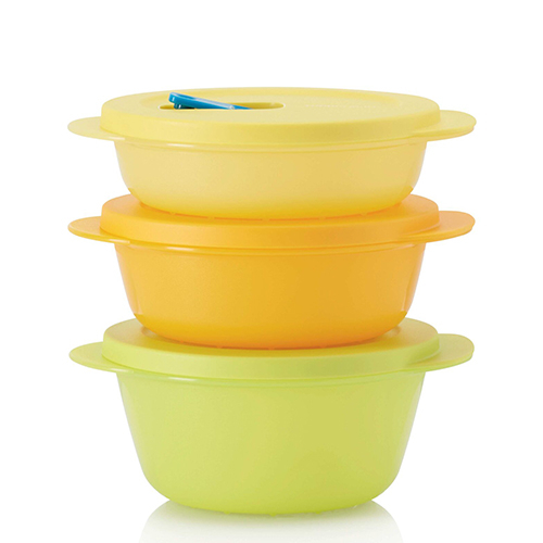 Crystalwave Gen. II Round Small Set (3) 0.4L - 0.6L - 0.8L - The Tupperware round crystal set is ideal for heating or reheating in the microwave. Simply place the food inside the container, close the lid, open the vent while heating in the microwave and finally close to keep warm. Without the clutter of nylon clinging! Great as a lunch box at work!