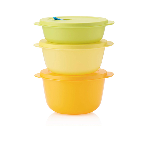 Crystalwave Gen. II Round Medium Set (3) 1 L - 1.5 L - 2 L - The Tupperware round crystal set is ideal for heating or reheating in the microwave. Simply place the food inside the container, close the lid, open the vent while heating in the microwave and finally close to keep warm. Without the clutter of nylon clinging! Great as a lunch box at work!