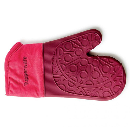 Silicone Oven Glove - Every kitchen needs a pair of oven gloves. Choose the Tupperware Silicone Oven Glove and combine the benefits of the high performance level of silicone with the comfort of the traditional cloth glove/mitt.

Features and Benefits:
*The oven glove is a mandatory product when removing hot products from microwaves or traditional ovens. It’s the perfect product to be used with Ultra Pro products, Silicone baking forms, Chef Series Casseroles and Chef Series Compact Cookware, in addition to MicroCook.
*The silicone is heat resistant up to 220°C has a long lifespan. The silicone part provides anti-skid, flexibility and heat protection solutions (in combination with the inside fabric). The anti-skid solution ensures a good grip for safe handling of hot products that vary in size from small to large.
•The silicone part is waterproof: it can be cleaned easily under running tap water and will protect the hand from the splashes of hot liquids when in use.
•The Tupperware fountain is used as raised pattern on the outside of the silicone. It reduces contact on the surface when hot products are held in hand.
•In the glove’s interior, a soft fabric lining is attached to the silicone piece: it’s comfortable to wear, provides a soft feeling and hands are not sweating as is the case in plain silicone oven gloves. The interior also provides improved heat protection.
•The oven glove fits most standard hands, and can be used on left and right hands.
•You can store the oven glove in the drawer or hang it with the integrated loop.
•The silicone piece is prolonged by a hand cuff. It provides a long length which protects your hands and the lower part of your arm. The glove also protects the top of your hand, which you often burn while taking products out of the oven because you risk touching the inside of the oven or the grid when concentrating on the removal of food. This will not happen with the Silicone Oven Glove that protects you from heat, fat or oil splashes.

*The product images shown are for illustration purposes only. Price excludes product contents and any accessories used for display purposes.