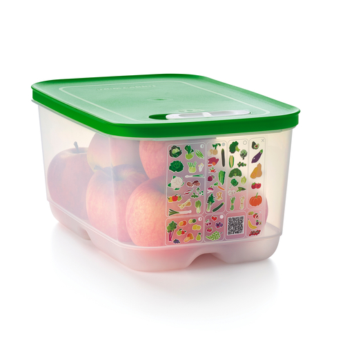 Ventsmart 4.4 Liter | Veggie & Fruit Keeper - Keep your produce fresher, longer!  Top food scientists from the University of Florida and Tupperware have researched the storage of fruits and vegetables extensively to develop a line of intelligent containers.​  Tupperware's ACE (Atmosphere Controlled Environment) system creates the optimal environment to maintain freshness for longer.  VentSmart Containers use this special three-way venting system to help regulate the atmosphere inside the container by balancing the flow of oxygen coming in and carbon dioxide going out. ​  VentSmart Medium Deep container has a capacity of 4.4 L.Benefits:   Optimal storage conditions: 3-position slider adapts vent in lid to various vegetables and fruits and works with airflow pattern in base.​
 Eliminate guessing: Easy-to-follow chart tells you which venting option to choose.​ Chart is printed within the layers of the container so it won’t fade or wash off over time.
 Save money: Reduce waste by preventing your sensitive fruits and veggies from going bad before you've even had the time to use them. ​​ ​
 ​Save time: Vegetables and fruits stay fresh longer, which means fewer trips to the market!
 Enjoy a clean and organized fridge: Say goodbye to cross-contamination risks and dirt on your shelves. Transparent bases make seeing your fruits and vegetables easy.​
 Health companion: With fresh vegetables always available in your fridge, rediscover the pleasure of cookingSpecs: Dimensions: W 19 x H 13.5 x L 28.5 cm
 Volume: 4.4 LitersUse & Care:  Slider has 3 different positions:  Closed: When the slider tab is aligned with the fully etched circle in the middle of the pictogram, both openings in the seal are closed.​
 Half Open: When the slider tab is aligned with the half circle on the pictogram, the small opening in the seal is open for light venting.​
 Fully Open: When the slider tab is aligned with the hollow, glossy circle on the pictogram, the big opening in the seal is open for full venting.​
 Wash before first use.
 Dishwasher safe
 Not freezer safe
 Not safe for use in microwave
 Containers nest for compact storage.
 Can be recycledTips:  VentSmart Medium Deep was designed for fruits and vegetables such as: apples, artichokes, beetroot, bell peppers, broccoli, carrots, cauliflower, celeriac, citrus fruits, endive, fennel, lettuce, paprika, pears, peas, peppers, short carrots, spinach, sweet potatoes, turnip, zucchini.
 Vegetables belonging to same category in terms of venting can be stored together.