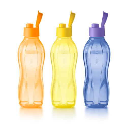 Eco 750 ML Water Bottle | 3 Pack - Say Goodbye to disposable water bottles!  You can make a small change with a big impact by using the Eco Bottles. The tapered, contoured shape of our eco-friendly water bottle fits easily in your hand. These reusable, dishwasher safe water bottles are the perfect size to fit in any bag or purse and with their easy open cap drinking is easy. Just grab and go to stay hydrated wherever you go!BenefitsMade with renewable or circular material: Our sustainably-sourced bottles are made of the first food-safe sustainable materials coming from mixed plastic waste or renewable sources. Environmentally friendly: Think of how many plastic disposable bottles that are thrown away every day! You can help reduce that number simply by using an ECO Bottle! Staying hydrated just got easier! The Eco Bottle is lightweight, leak proof and small enough to tuck in a tote bag or backpack, or carry in your hand by a handle or strap, so you can take it with you wherever and however you travel... by car, train, foot or bike! ​ Easy drinking and hygienic covered spout: Flip cap design allows for easy opening and smooth flow when drinking. Can stand the test of time: Made from extremely durable material, your long-lasting Eco Bottle can be used over and over again without worry of breakage!Tips: Thanks to its shape, it fits in the fridge door and its Easy Drink Cap makes it easy to drink from while walking, playing sports or enjoying any outdoor activity. See-through design allows you to view its contents. Its ergonomic design allows you to easily grip and hold it securely while pouring. The Easy Drink Cap's small opening safely regulates the flow of the fluid, making it more comfortable to drink from. ;There is also a ring on the Cap, allowing you to add a strap for easy carrying.Leak proof cap prevents spills Easy to clean Fits in most car and bicycle cup and bottle holders Features a large tab for easy opening and closing Tapered, contoured shape fits easily in your handWashingIt is recommended to wash your Eco Bottle daily. The Eco Bottle is dishwasher-safe, it is also hand-washable using a bottle brush, warm water and a little dishwashing liquid. The Easy Drink Cap is dishwasher-safe. Just place it in the open position on top rack. If you detect unpleasant smells coming from drinks stored in the bottle:Fill the bottle with warm water and a few drops of dishwashing liquid. Let it stand for half an hour. Rinse several times.Allow the bottle to dry, open when not in use. Liquids with spices, tomato or carrots can cause staining; this will not affect the performance of the product.UsageBe sure to fill the Eco Bottle with cold or room-temperature drinks only. Not freezer safe. Not safe for use in the microwave. Eco Bottles are not suitable for use with hot or carbonated beverages or with carbonating devices.