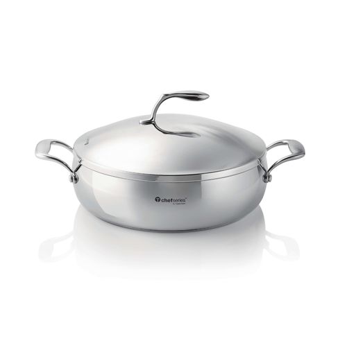 Saute Pot with Lid | 5.7 L | Chef Series - This cookware works on all cooking surfaces (gas, electric, ceramic and induction).Care:   Metal Cover: Handwash (Not Dishwasher Safe) Saute Pot: Handwash (Not Dishwasher Safe) Safe for use in oven and stovetop (check maximum temperature ratings) Do not use sharp or metal utensilsSpecifications:   Material: Stainless Steel (Made from durable stainless steel for long-lasting use). Dimensions: 30 CM X 17 CM Height Temperature Ratings: max Temp. 232 °C / 450 °F Use & Care:  While cooking, avoid sharp or metal utensils. Over time, metal will scratch your non-stick coating. Instead, use our Kitchen Tools or Silicone Spatulas. When it's time to clean, use a Tupperware Microfiber Kitchen Towel or non-metallic sponge or brush. For tough stains, create a paste of equal parts baking soda and water to gently scrub the pan. Always hand-wash to preserve the life of the cookware. For best results, the diameter of the base of the cookware should correspond to the diameter of the stovetop burner in use.