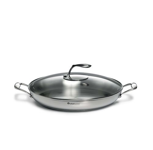 Paellera Pan with Lid | 36 CM | Chef Series - This cookware works on all cooking surfaces (gas, electric, ceramic and induction).Care:   Glass Cover: Dishwasher Safe Paellera Pan: Handwash (Not Dishwasher Safe) Safe for use in oven and stovetop (check maximum temperature ratings) Do not use sharp or metal utensilsSpecifications:   Material: Stainless Steel (Made from durable stainless steel for long-lasting use). Dimensions: 36 CM X 5 CM Height Temperature Ratings: Paellera pan: max Temp. 232 °C / 450 °F  Glass Cover: max Temp. 177 °C / 350 °F Use & Care:  While cooking, avoid sharp or metal utensils. Over time, metal will scratch your non-stick coating. Instead, use our Kitchen Tools or Silicone Spatulas. When it's time to clean, use a Tupperware Microfiber Kitchen Towel or non-metallic sponge or brush. For tough stains, create a paste of equal parts baking soda and water to gently scrub the pan. Always hand-wash to preserve the life of the cookware. For best results, the diameter of the base of the cookware should correspond to the diameter of the stovetop burner in use.