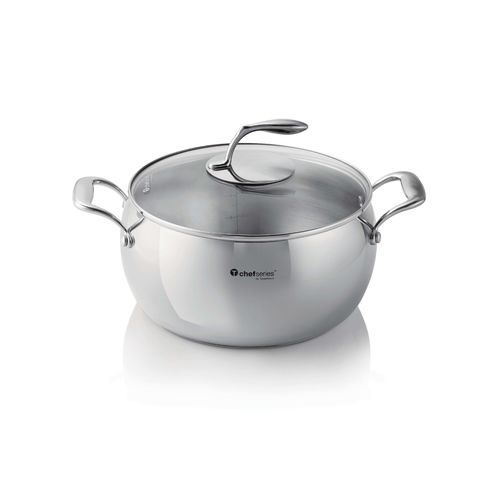 StockPot with Lid | 7.6 L | Chef Series - This cookware works on all cooking surfaces (gas, electric, ceramic and induction).Care:   Glass Cover: Dishwasher Safe Stock Pot: Handwash (Not Dishwasher Safe) Safe for use in oven and stovetop (check maximum temperature ratings) Do not use sharp or metal utensilsSpecifications:   Material: Stainless Steel (Made from durable stainless steel for long-lasting use). Dimensions: 26 CM X 21.5 CM Height Temperature Ratings: Stock Pot: max Temp. 232 °C / 450 °F  Glass Cover: max Temp. 177 °C / 350 °F Use & Care:  While cooking, avoid sharp or metal utensils. Over time, metal will scratch your non-stick coating. Instead, use our Kitchen Tools or Silicone Spatulas. When it's time to clean, use a Tupperware Microfiber Kitchen Towel or non-metallic sponge or brush. For tough stains, create a paste of equal parts baking soda and water to gently scrub the pan. Always hand-wash to preserve the life of the cookware. For best results, the diameter of the base of the cookware should correspond to the diameter of the stovetop burner in use.