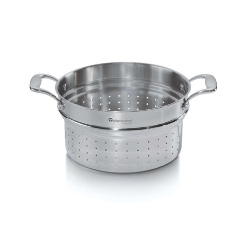 Pasta Cook & Strainer Insert | 26 CM | Chef Series - This Pasta Insert is designed to perfectly fit the 7.6 L Chef Series Stock Pot.
This cookware works on all cooking surfaces (gas, electric, ceramic and induction).Care: Pasta Insert: Handwash (Not Dishwasher Safe) Safe for use in oven and stovetop (check maximum temperature ratings) Do not use sharp or metal utensilsSpecifications:   Material: Stainless Steel (Made from durable stainless steel for long-lasting use). Dimensions: 26 CM X 19 CM Height Temperature Ratings: max Temp. 232 °C / 450 °F Use & Care:  While cooking, avoid sharp or metal utensils. Over time, metal will scratch your non-stick coating. Instead, use our Kitchen Tools or Silicone Spatulas. When it's time to clean, use a Tupperware Microfiber Kitchen Towel or non-metallic sponge or brush. For tough stains, create a paste of equal parts baking soda and water to gently scrub the pan. Always hand-wash to preserve the life of the cookware.