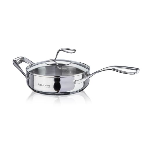 Saute Pot with Lid | 2.8 L | Mastro Series - This cookware works on all cooking surfaces (gas, electric, ceramic and induction).Care:   Glass Cover: Dishwasher Safe Saute Pot: Handwash (Not Dishwasher Safe) Safe for use in oven and stovetop (check maximum temperature ratings) Do not use sharp or metal utensilsSpecifications:   Material: Stainless Steel (Made from durable stainless steel for long-lasting use). Dimensions: 24 CM X 16 CM Height Temperature Ratings: Saute Pot: max Temp. 232 °C / 450 °F  Glass Cover: max Temp. 177 °C / 350 °F Use & Care:  While cooking, avoid sharp or metal utensils. Over time, metal will scratch your non-stick coating. Instead, use our Kitchen Tools or Silicone Spatulas. When it's time to clean, use a Tupperware Microfiber Kitchen Towel or non-metallic sponge or brush. For tough stains, create a paste of equal parts baking soda and water to gently scrub the pan. Always hand-wash to preserve the life of the cookware. For best results, the diameter of the base of the cookware should correspond to the diameter of the stovetop burner in use.