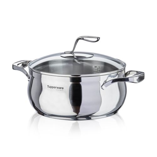 StockPot with Lid | 7.5 L | Mastro Series - This cookware works on all cooking surfaces (gas, electric, ceramic and induction).Care:   Glass Cover: Dishwasher Safe Stock Pot: Handwash (Not Dishwasher Safe) Safe for use in oven and stovetop (check maximum temperature ratings) Do not use sharp or metal utensilsSpecifications:   Material: Stainless Steel (Made from durable stainless steel for long-lasting use). Dimensions: 28 CM X 20.5 CM Height Temperature Ratings: Stock Pot: max Temp. 232 °C / 450 °F  Glass Cover: max Temp. 177 °C / 350 °F Use & Care:  While cooking, avoid sharp or metal utensils. Over time, metal will scratch your non-stick coating. Instead, use our Kitchen Tools or Silicone Spatulas. When it's time to clean, use a Tupperware Microfiber Kitchen Towel or non-metallic sponge or brush. For tough stains, create a paste of equal parts baking soda and water to gently scrub the pan. Always hand-wash to preserve the life of the cookware. For best results, the diameter of the base of the cookware should correspond to the diameter of the stovetop burner in use.