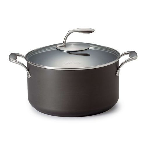 StockPot with Lid | 7 L | Cottage Series - This cookware works on all cooking surfaces (gas, electric, ceramic and induction).Care:   Glass Cover: Dishwasher Safe Stock Pot: Handwash (Not Dishwasher Safe) Safe for use in oven and stovetop (check maximum temperature ratings) Do not use sharp or metal utensilsSpecifications:   Material: Stainless Steel (Made from durable stainless steel for long-lasting use). Dimensions: 26 CM X 21.5 CM Height Temperature Ratings: Stock Pot: max Temp. 232 °C / 450 °F  Glass Cover: max Temp. 177 °C / 350 °F Use & Care:  While cooking, avoid sharp or metal utensils. Over time, metal will scratch your non-stick coating. Instead, use our Kitchen Tools or Silicone Spatulas. When it's time to clean, use a Tupperware Microfiber Kitchen Towel or non-metallic sponge or brush. For tough stains, create a paste of equal parts baking soda and water to gently scrub the pan. Always hand-wash to preserve the life of the cookware. For best results, the diameter of the base of the cookware should correspond to the diameter of the stovetop burner in use.