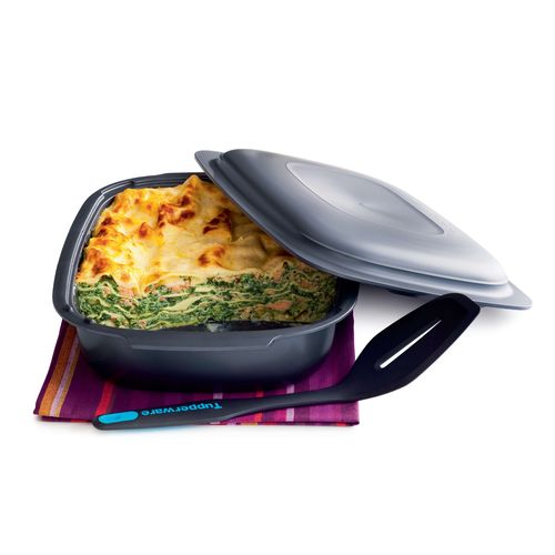 Ultra Pro 3.3 L Lasagna Pan with Cover - Modular Design: The UltraPro cookware comprises two separate pieces—a base and a lid—offering versatile cooking options. Stackable Configuration: Designed for efficient storage, the cookware pieces are stackable, saving space in your kitchen cabinets.
 Part of a Stackable Series: This cookware is part of a series that interlocks with other pieces, facilitating organized storage solutions.Our unique UltraPro all-in-one material is not only safe for the oven but is also microwave, fridge, and freezer safe. 
 Rounded corners in the base and the domed cover optimize heat distribution and reduce hot spots that can result in overcooking. Steam release vents on the sides of the base and cover help prevent steam build-up and regulate humidity to brown your food nicely while retaining optimal moisture. The non-stick surface makes healthy foods easier, and a wide rim offers a secure grip when moving the pan.Specifications:  Material: Liquid Crystal Polymer(LCP)Dimensions: 
Base & Cover:  W 26.6 x H 10.5 x L 36.4 Base (3.3 L):  W 26.6 x H 7.3 x L 36.4 
 Cover (1.2 L): W 26.6 x H 3.7 x L 36.4 Temperature Rating: Min -25°C / -13°F - Max 250°C / 485°FBenefits:All in one solution: for everyday cooking (oven and microwave), storing (fridge or freezer) and serving; unique, high-end, lightweight material, resisting from -13°F/-25°C to 482°F/250°C​ Instructions for use are engraved inside the cover and in the bottom of the base. Convenient storage: The base and the cover are perfectly nestable. Built for daily use: will not rust or dent like metal pans or crumble like glass or ceramic Several configurations for unlimited cooking possibilities​Classic: food in the base and cover on top​ Reverse: The cover is used as a base for roasts, focaccia, baked apples. Content is easier to manipulate after cooking.​ Cook bain-marie: The cover is turned back on the base, filled with water, for gentle cooking like delicate desserts and puddings.​ Stack-cooking: Saves a lot of time and energy, cook 2 dishes at once, cover is placed upside-down on the base.​ Cook double capacity (If you own UltraPro 3.3 L and 5.7 L): the 3.3 L base is used as a cover for the 5.7 L base.  Perfect to cook larger poultry or 2 chickens side by side on a generous layer of vegetables or baby potatoes.​Tips: UltraPro products can be used in steam ovens. Prepare and freeze foods in advance. Defrost and re-heat in the microwave for a ready-made meal – all in the same container.  Wipe the base and cover carefully before using to remove any residue or spots. Should fat burn on the UltraPro while cooking at high temperatures, leaving brown patches, soak the UltraPro in 4 tablespoons of dishwasher detergent diluted in 5 L of hot water for at least 2 hours.​ The 5.7 L Base and the 3.3 L Base and Cover nest into each other for compact storage.