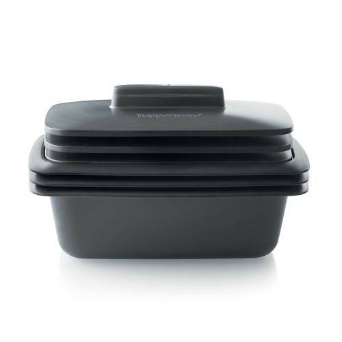 Ultra Pro 1.8 L Loaf Pan with Covers (Set of 3) - Modular Design: The UltraPro cookware comprises two separate pieces—a base and a lid—offering versatile cooking options. Stackable Configuration: Designed for efficient storage, the cookware pieces are stackable, saving space in your kitchen cabinets.
 Part of a Stackable Series: This cookware is part of a series that interlocks with other pieces, facilitating organized storage solutions.Our unique UltraPro all-in-one material is not only safe for the oven but is also microwave, fridge, and freezer safe. 
 Rounded corners in the base and the domed cover optimize heat distribution and reduce hot spots that can result in overcooking. Steam release vents on the sides of the base and cover help prevent steam build-up and regulate humidity to brown your food nicely while retaining optimal moisture. The non-stick surface makes healthy foods easier, and a wide rim offers a secure grip when moving the pan.Specifications:  Material: Liquid Crystal Polymer(LCP)Dimensions: 
Base & Cover:  W 15.5 x H 12 x L 28.2Temperature Rating: Min -25°C / -13°F - Max 250°C / 485°FBenefits:All in one solution: for everyday cooking (oven and microwave), storing (fridge or freezer) and serving; unique, high-end, lightweight material, resisting from -13°F/-25°C to 482°F/250°C​ Instructions for use are engraved inside the cover and in the bottom of the base. Convenient storage: The base and the cover are perfectly nestable. Built for daily use: will not rust or dent like metal pans or crumble like glass or ceramicTips: UltraPro products can be used in steam ovens. Prepare and freeze foods in advance. Defrost and re-heat in the microwave for a ready-made meal – all in the same container.  Wipe the base and cover carefully before using to remove any residue or spots. Should fat burn on the UltraPro while cooking at high temperatures, leaving brown patches, soak the UltraPro in 4 tablespoons of dishwasher detergent diluted in 5 L of hot water for at least 2 hours.​