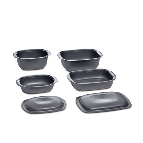 Ultra Pro Complete Pan Set with Covers (8 Pieces) - This Set Includes:Ultra Pro 2 L Casserole Pan with 800 ML Cover Ultra Pro 3.5 L Casserole Pan with 800 ML Cover Ultra Pro 3.3 L Lasagna Pan with 1.2 L Cover
 Ultra Pro 5.7 L Roasting Pan with 1.2 L Cover
Modular Design: The UltraPro cookware comprises two separate pieces—a base and a lid—offering versatile cooking options. Stackable Configuration: Designed for efficient storage, the cookware pieces are stackable, saving space in your kitchen cabinets.
 Part of a Stackable Series: This cookware is part of a series that interlocks with other pieces, facilitating organized storage solutions.Our unique UltraPro all-in-one material is not only safe for the oven but is also microwave, fridge, and freezer safe. 
 Rounded corners in the base and the domed cover optimize heat distribution and reduce hot spots that can result in overcooking. Steam release vents on the sides of the base and cover help prevent steam build-up and regulate humidity to brown your food nicely while retaining optimal moisture. The non-stick surface makes healthy foods easier, and a wide rim offers a secure grip when moving the pan.Specifications:  Material: Liquid Crystal Polymer(LCP)Temperature Rating: Min -25°C / -13°F - Max 250°C / 485°FBenefits:All in one solution: for everyday cooking (oven and microwave), storing (fridge or freezer) and serving; unique, high-end, lightweight material, resisting from -13°F/-25°C to 482°F/250°C​ Instructions for use are engraved inside the cover and in the bottom of the base. Convenient storage: The base and the cover are perfectly nestable. Built for daily use: will not rust or dent like metal pans or crumble like glass or ceramic Several configurations for unlimited cooking possibilities​Classic: food in the base and cover on top​ Reverse: The cover is used as a base for roasts, focaccia, baked apples. Content is easier to manipulate after cooking.​ Cook bain-marie: The cover is turned back on the base, filled with water, for gentle cooking like delicate desserts and puddings.​ Stack-cooking: Saves a lot of time and energy, cook 2 dishes at once, cover is placed upside-down on the base.​ Cook double capacity (If you own UltraPro 2 L and 3.5 L): the 2 L base is used as a cover for the 3.5 L base.  Perfect to cook larger poultry or 2 chickens side by side on a generous layer of vegetables or baby potatoes.​Tips: UltraPro products can be used in steam ovens. Prepare and freeze foods in advance. Defrost and re-heat in the microwave for a ready-made meal – all in the same container.  Wipe the base and cover carefully before using to remove any residue or spots. Should fat burn on the UltraPro while cooking at high temperatures, leaving brown patches, soak the UltraPro in 4 tablespoons of dishwasher detergent diluted in 5 L of hot water for at least 2 hours.​ The 3.5 L Base and the 2 L Base and Cover nest into each other for compact storage.