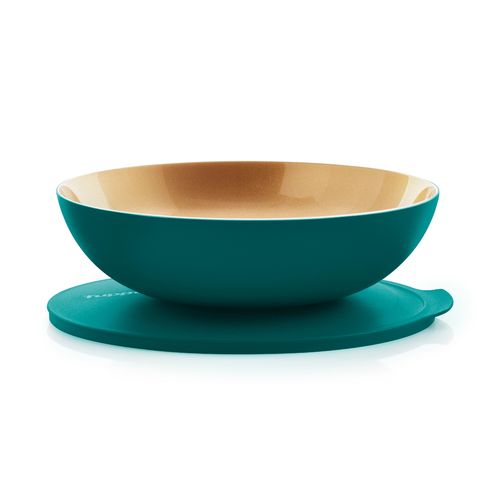 Serving Bowl 3.5 L | Mysterious Green & Antique Gold | Allegra Series - Allegra Serveware features a modular design and is part of an interlocking series, offering versatile and space-saving solutions. Each serving bowl comes complete with a base and a lid for added convenience.Serve your meals in style! The Allegra 3.5 L Bowl will brighten your table setting with color!
 Inspired by the beauty of nature, the Allegra 3.5 L Bowl will present your food in an elegant style. With a simple, modern aesthetic, it looks attractive on any table setting. Its versatile size makes it ideal for serving and storing fresh foods such as mixed salads, snack foods, fruit salads, desserts and more. The bowl comes with a lid, perfect for sealing leftovers and storing foods in the fridge or on the go. The tab on the side makes it very easy to remove the lid. Whether you're serving a family meal or bringing a dish to a party or picnic, the Allegra 3.5 L Bowl will be your go-to serving piece. This 3.5 L bowl is a great size for individual servings of salads, soups or pasta, cheese, crackers and small fruits for table serving indoors and outdoors and can be sealed to store and stack in the fridge.Specifications: Capacity: 3.5 L 
 Dimensions: L 30.7 x H 10 CM
 Color: Mysterious Green / Antique Gold
Benefits:Elegant, dual color design: Thanks to a special technology, the exterior is textured and matte while the interior is smooth and shiny for easy serving and cleaning, while the 2 tones offer a pristine, modern look. Take with you on the go to a party or a picnic without worry of spillage, thanks to its leak proof lid.  Locks in food freshness thanks to the airtight lid.  So long, plastic wrap and foil! Thanks to the airtight and leak proof lid you can prepare your dishes in advance, take on the go and store leftovers. No need to use plastic wrap or foil over your serving bowl! Durable and resistant to breakage without sacrificing beauty. Easy to open thanks to the large tab on the lid. Nestable for compact storageUse & Care:Dishwasher Safe Not suitable for Freezer, microwave & conventional oven use. Do not Use Sharp or metal utensils To avoid scratching, it is recommended to serve food using only plastic or wooden utensils. Do not use abrasive cleaning pads or abrasive cleaners, as these will scratch the container. Suitable for cold foods only.