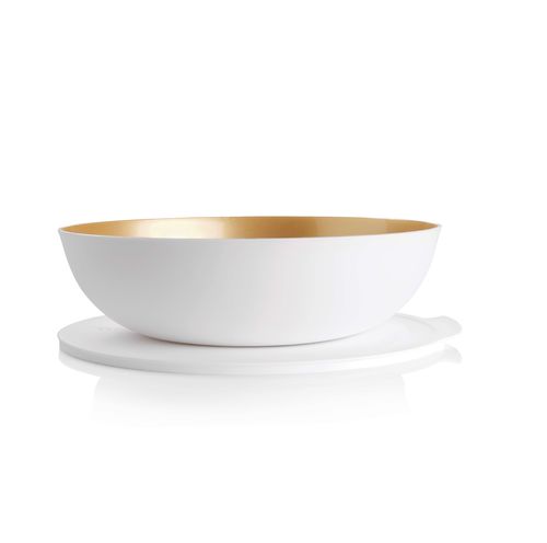 Serving Bowl 3.5 L | Snow White & Antique Gold | Allegra Series - Allegra Serveware features a modular design and is part of an interlocking series, offering versatile and space-saving solutions. Each serving bowl comes complete with a base and a lid for added convenience.Serve your meals in style! The Allegra 3.5 L Bowl will brighten your table setting with color!
 Inspired by the beauty of nature, the Allegra 3.5 L Bowl will present your food in an elegant style. With a simple, modern aesthetic, it looks attractive on any table setting. Its versatile size makes it ideal for serving and storing fresh foods such as mixed salads, snack foods, fruit salads, desserts and more. The bowl comes with a lid, perfect for sealing leftovers and storing foods in the fridge or on the go. The tab on the side makes it very easy to remove the lid. Whether you're serving a family meal or bringing a dish to a party or picnic, the Allegra 3.5 L Bowl will be your go-to serving piece. This 3.5 L bowl is a great size for individual servings of salads, soups or pasta, cheese, crackers and small fruits for table serving indoors and outdoors and can be sealed to store and stack in the fridge.Specifications: Capacity: 3.5 L 
 Dimensions: L 30.7 x H 10 CM
 Color: Snow White / Antique Gold
Benefits:Elegant, dual color design: Thanks to a special technology, the exterior is textured and matte while the interior is smooth and shiny for easy serving and cleaning, while the 2 tones offer a pristine, modern look. Take with you on the go to a party or a picnic without worry of spillage, thanks to its leak proof lid.  Locks in food freshness thanks to the airtight lid.  So long, plastic wrap and foil! Thanks to the airtight and leak proof lid you can prepare your dishes in advance, take on the go and store leftovers. No need to use plastic wrap or foil over your serving bowl! Durable and resistant to breakage without sacrificing beauty. Easy to open thanks to the large tab on the lid. Nestable for compact storageUse & Care:Dishwasher Safe Not suitable for Freezer, microwave & conventional oven use. Do not Use Sharp or metal utensils To avoid scratching, it is recommended to serve food using only plastic or wooden utensils. Do not use abrasive cleaning pads or abrasive cleaners, as these will scratch the container. Suitable for cold foods only.