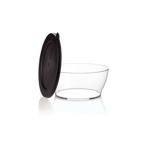 Clear Bowl 290 ML | Jet Black | Clearly Elegant® Series - Clearly Elegant® features a modular design and is part of an interlocking series, offering versatile and space-saving solutions. Each serving bowl comes complete with a base and a lid for added convenience.
 Ideal for daily use the 290ml bowl is a great size for dips, spreads, nuts or single-serve treats. 
Brand new Clearly Elegant® range now made from Eco+ material! With a glass-like look but a light-weight feel, the Clearly Elegant® range is perfect to prep, store, transport, serve and save! From fridge to table convenience these bowls are ideal for indoor or outdoor dining. Ideal for daily use the 290ml bowl is a great size for dips, spreads, nuts or single-serve treats. The ECO+ material is made through a process that takes single-use plastics that would normally end up in landfill and gets recreated into a high-quality food grade container. You’re not only reducing waste, you’re creating less waste by using a product that can be used over and over again!  Specifications: Capacity: 290 ML 
 Dimensions: L 11.8 x H 5.5 CM
 Color: Jet BlackBenefits: The modern, clear, glass-like appearance of these Bowls makes them suitable for use on the table and out and about.  Clear base allows you to see contents at a glance. Liquid tight Seals keep contents fresh and makes these bowls suitable for transporting treats to functions.  The tab on the Seal makes it easy to open and close and ideal for storing leftovers. When applied, the Seal creates a flat surface. Other bowls can be stacked on top–convenient. Each bowl nests inside each other. If you have storage space for the largest bowl in your kitchen you have room to store the entire collection!  Small and compact in any size kitchen. 
Use & Care:Dishwasher Safe however handwashing is highly recommended to preserve the shiny quality of the bowl. Place Seal on top rack of the dishwasher to avoid warping Not suitable for the microwave, freezer or oven Staining and scratches are normal and will not affect the performance of the product. This is not covered by Tupperware warranty. To avoid scratching, it is not recommended to store granulated sugar coated sweets or biscuits or to store coarse salt coated snacks Tupperware recommends plastic utensils to prevent damage to the product.  Do not use for citrus or ginger products, as discolouration may occur Suitable for cold foods only.