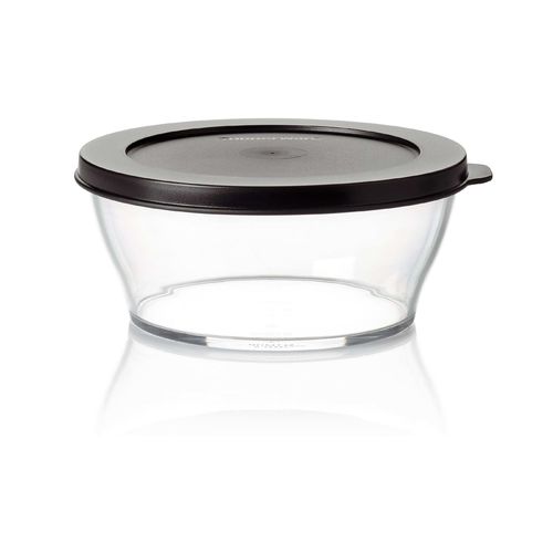 Clear Bowl 990 ML | Jet Black | Clearly Elegant® Series - Clearly Elegant® features a modular design and is part of an interlocking series, offering versatile and space-saving solutions. Each serving bowl comes complete with a base and a lid for added convenience.
 Ideal for daily use the 990ml bowl is perfect for larger snacks like popcorn, chips, nuts and more.
Brand new Clearly Elegant® range now made from Eco+ material! With a glass-like look but a light-weight feel, the Clearly Elegant® range is perfect to prep, store, transport, serve and save! From fridge to table convenience these bowls are ideal for indoor or outdoor dining. Ideal for daily use the 990ml bowl is perfect for larger snacks like popcorn, chips, nuts and more. The ECO+ material is made through a process that takes single-use plastics that would normally end up in landfill and gets recreated into a high-quality food grade container. You’re not only reducing waste, you’re creating less waste by using a product that can be used over and over again!  Specifications: Capacity: 990 ML 
 Dimensions: L 17 x H 7.5 CM
 Color: Jet BlackBenefits: The modern, clear, glass-like appearance of these Bowls makes them suitable for use on the table and out and about.  Clear base allows you to see contents at a glance. Liquid tight Seals keep contents fresh and makes these bowls suitable for transporting treats to functions.  The tab on the Seal makes it easy to open and close and ideal for storing leftovers. When applied, the Seal creates a flat surface. Other bowls can be stacked on top–convenient. Each bowl nests inside each other. If you have storage space for the largest bowl in your kitchen you have room to store the entire collection!  Small and compact in any size kitchen. 
Use & Care:Dishwasher Safe however handwashing is highly recommended to preserve the shiny quality of the bowl. Place Seal on top rack of the dishwasher to avoid warping Not suitable for the microwave, freezer or oven Staining and scratches are normal and will not affect the performance of the product. This is not covered by Tupperware warranty. To avoid scratching, it is not recommended to store granulated sugar coated sweets or biscuits or to store coarse salt coated snacks Tupperware recommends plastic utensils to prevent damage to the product.  Do not use for citrus or ginger products, as discolouration may occur Suitable for cold foods only.