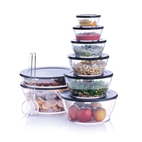 Complete Set of Clearly Elegant® Bowls with Covers (16 Pieces) - This 16 Piece Set Includes:Clear Bowl 290 ML with Cover Clear Bowl 610 ML with Cover Clear Bowl 990 ML with Cover Clear Bowl 1.3 L with Cover Clear Dish 2 L with Cover Clear Bowl 2.4 L with Cover Clear Bowl 4 L with Cover Clear Bowl 6 L with CoverClearly Elegant® features a modular design and is part of an interlocking series, offering versatile and space-saving solutions. Each serving bowl comes complete with a base and a lid for added convenience.
Brand new Clearly Elegant® range now made from Eco+ material! With a glass-like look but a light-weight feel, the Clearly Elegant® range is perfect to prep, store, transport, serve and save! From fridge to table convenience these bowls are ideal for indoor or outdoor dining. The ECO+ material is made through a process that takes single-use plastics that would normally end up in landfill and gets recreated into a high-quality food grade container. You’re not only reducing waste, you’re creating less waste by using a product that can be used over and over again!  Specifications:Color: Jet BlackBenefits: The modern, clear, glass-like appearance of these Bowls makes them suitable for use on the table and out and about.  Clear base allows you to see contents at a glance. Liquid tight Seals keep contents fresh and makes these bowls suitable for transporting treats to functions.  The tab on the Seal makes it easy to open and close and ideal for storing leftovers. When applied, the Seal creates a flat surface. Other bowls can be stacked on top–convenient. Each bowl nests inside each other. If you have storage space for the largest bowl in your kitchen you have room to store the entire collection!  Small and compact in any size kitchen. 
Use & Care:Dishwasher Safe however handwashing is highly recommended to preserve the shiny quality of the bowl. Place Seal on top rack of the dishwasher to avoid warping Not suitable for the microwave, freezer or oven Staining and scratches are normal and will not affect the performance of the product. This is not covered by Tupperware warranty. To avoid scratching, it is not recommended to store granulated sugar coated sweets or biscuits or to store coarse salt coated snacks Tupperware recommends plastic utensils to prevent damage to the product.  Do not use for citrus or ginger products, as discolouration may occur Suitable for cold foods only.