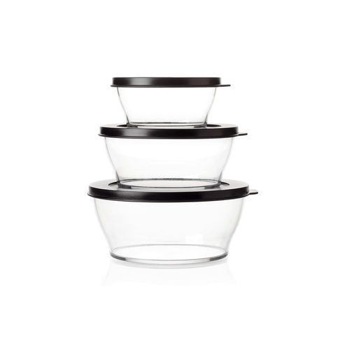 Small to Medium Set of Clearly Elegant® Bowls with Covers (6 Pieces) - This 6 Piece Set Includes:Clear Bowl 290 ML with Cover Clear Bowl 610 ML with Cover Clear Bowl 990 ML with CoverClearly Elegant® features a modular design and is part of an interlocking series, offering versatile and space-saving solutions. Each serving bowl comes complete with a base and a lid for added convenience.
Brand new Clearly Elegant® range now made from Eco+ material! With a glass-like look but a light-weight feel, the Clearly Elegant® range is perfect to prep, store, transport, serve and save! From fridge to table convenience these bowls are ideal for indoor or outdoor dining. The ECO+ material is made through a process that takes single-use plastics that would normally end up in landfill and gets recreated into a high-quality food grade container. You’re not only reducing waste, you’re creating less waste by using a product that can be used over and over again!  Specifications:Color: Jet BlackBenefits: The modern, clear, glass-like appearance of these Bowls makes them suitable for use on the table and out and about.  Clear base allows you to see contents at a glance. Liquid tight Seals keep contents fresh and makes these bowls suitable for transporting treats to functions.  The tab on the Seal makes it easy to open and close and ideal for storing leftovers. When applied, the Seal creates a flat surface. Other bowls can be stacked on top–convenient. Each bowl nests inside each other. If you have storage space for the largest bowl in your kitchen you have room to store the entire collection!  Small and compact in any size kitchen. 
Use & Care:Dishwasher Safe however handwashing is highly recommended to preserve the shiny quality of the bowl. Place Seal on top rack of the dishwasher to avoid warping Not suitable for the microwave, freezer or oven Staining and scratches are normal and will not affect the performance of the product. This is not covered by Tupperware warranty. To avoid scratching, it is not recommended to store granulated sugar coated sweets or biscuits or to store coarse salt coated snacks Tupperware recommends plastic utensils to prevent damage to the product.  Do not use for citrus or ginger products, as discolouration may occur Suitable for cold foods only.