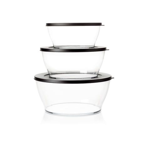 Medium to Large Set of Clearly Elegant® Bowls with Covers (6 Pieces) - This 6 Piece Set Includes:Clear Bowl 1.3 L with Cover Clear Bowl 2.4 L with Cover Clear Bowl 4 L with CoverClearly Elegant® features a modular design and is part of an interlocking series, offering versatile and space-saving solutions. Each serving bowl comes complete with a base and a lid for added convenience.
Brand new Clearly Elegant® range now made from Eco+ material! With a glass-like look but a light-weight feel, the Clearly Elegant® range is perfect to prep, store, transport, serve and save! From fridge to table convenience these bowls are ideal for indoor or outdoor dining. The ECO+ material is made through a process that takes single-use plastics that would normally end up in landfill and gets recreated into a high-quality food grade container. You’re not only reducing waste, you’re creating less waste by using a product that can be used over and over again!  Specifications:Color: Jet BlackBenefits: The modern, clear, glass-like appearance of these Bowls makes them suitable for use on the table and out and about.  Clear base allows you to see contents at a glance. Liquid tight Seals keep contents fresh and makes these bowls suitable for transporting treats to functions.  The tab on the Seal makes it easy to open and close and ideal for storing leftovers. When applied, the Seal creates a flat surface. Other bowls can be stacked on top–convenient. Each bowl nests inside each other. If you have storage space for the largest bowl in your kitchen you have room to store the entire collection!  Small and compact in any size kitchen. 
Use & Care:Dishwasher Safe however handwashing is highly recommended to preserve the shiny quality of the bowl. Place Seal on top rack of the dishwasher to avoid warping Not suitable for the microwave, freezer or oven Staining and scratches are normal and will not affect the performance of the product. This is not covered by Tupperware warranty. To avoid scratching, it is not recommended to store granulated sugar coated sweets or biscuits or to store coarse salt coated snacks Tupperware recommends plastic utensils to prevent damage to the product.  Do not use for citrus or ginger products, as discolouration may occur Suitable for cold foods only.