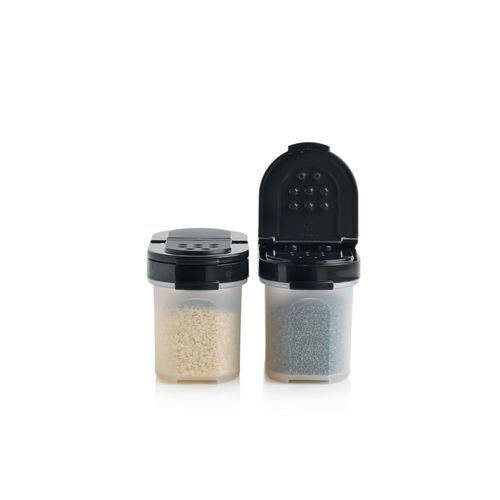 Small Spice Shakers | 100 ML | Jet Black | 2 Pieces - Easy-find, easy-pour dispensers!
 Tupperware® Spice Containers keep your spices and dry herbs fresh, flavorful, and easy to access.
 Set includes two identical 100 ML containers with dual-sided seals.
Our Small Spice Shaker set ensures you never have to worry about stale spices again.
 Double dispensing lids make it easy to spoon or sprinkle your favorite spices right into your bowl, pan, or pot:
One side opens to holes for shaking the contents.
 Opposite side opens for pouring or to insert a measuring spoon.
Handy and handsome, these spice shakers are stylish enough to display on your countertops or table.
 Great for regular salt, pepper, spices, and dry herbs, these spice shakers are also the perfect companion for your DIY spice blends.
 They can also be used as a convenient, compact container for keeping sugar, milk powder, or any seasoning at the office, or when you're away camping or on a picnic.
Specifications: Capacity: 100 ML
 Dimensions: W 4.4 x H 6 x L 11.4 cm
 Color: Jet Black (seal)Benefits:Shake or pour:Double-hinged lids make it easy to sprinkle, pour, or spoon your favorite spice. Airtight: Keeps spices fresh for longer and keeps insects at bay, saving you money. True seals snap firmly shut on both shaking and pouring sides.
 Modular: securely stackable on each other and also on Large Spice Shakers
 Know what's inside: Transparent base lets you see what spices you have and when to replace. Say goodbye to chaos: No more open packages that risk spillages in the drawers/cupboard. Be sustainable: Buy refill packets, saving money and reducing packaging waste.Use & Care:Wash before first use. Dishwasher safe Not freezer safe Not safe for use in microwave Can be recycledTips: Not only for spices, Shakers can be used for sprinkling homemade powders and cleaners. Smaller size travels easily in backpacks or diaper bags. Keep a little powdered sugar or cocoa powder handy for using at the table to enhance French toast or desserts. Shakers are designed to fit neatly into our Spice Carousel for easy access and organization.