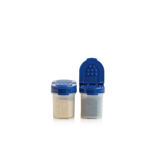 Small Spice Shakers | 100 ML | Lacquer Blue | 2 Pieces - Easy-find, easy-pour dispensers!
 Tupperware® Spice Containers keep your spices and dry herbs fresh, flavorful, and easy to access.
 Set includes two identical 100 ML containers with dual-sided seals.
Our Small Spice Shaker set ensures you never have to worry about stale spices again.
 Double dispensing lids make it easy to spoon or sprinkle your favorite spices right into your bowl, pan, or pot:
One side opens to holes for shaking the contents.
 Opposite side opens for pouring or to insert a measuring spoon.
Handy and handsome, these spice shakers are stylish enough to display on your countertops or table.
 Great for regular salt, pepper, spices, and dry herbs, these spice shakers are also the perfect companion for your DIY spice blends.
 They can also be used as a convenient, compact container for keeping sugar, milk powder, or any seasoning at the office, or when you're away camping or on a picnic.
Specifications: Capacity: 100 ML
 Dimensions: W 4.4 x H 6 x L 11.4 cm
 Color: Lacquer Blue (seal)Benefits:Shake or pour:Double-hinged lids make it easy to sprinkle, pour, or spoon your favorite spice. Airtight: Keeps spices fresh for longer and keeps insects at bay, saving you money. True seals snap firmly shut on both shaking and pouring sides.
 Modular: securely stackable on each other and also on Large Spice Shakers
 Know what's inside: Transparent base lets you see what spices you have and when to replace. Say goodbye to chaos: No more open packages that risk spillages in the drawers/cupboard. Be sustainable: Buy refill packets, saving money and reducing packaging waste.Use & Care:Wash before first use. Dishwasher safe Not freezer safe Not safe for use in microwave Can be recycledTips: Not only for spices, Shakers can be used for sprinkling homemade powders and cleaners. Smaller size travels easily in backpacks or diaper bags. Keep a little powdered sugar or cocoa powder handy for using at the table to enhance French toast or desserts. Shakers are designed to fit neatly into our Spice Carousel for easy access and organization.